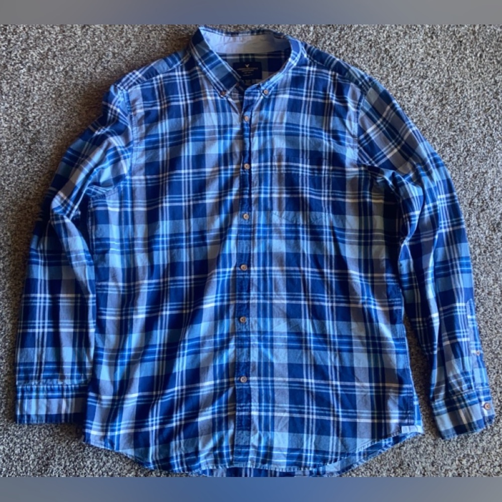 Men’s American Eagle Plaid Button Down, XL, Blue